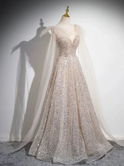 A-Line Sparkling Shine Evening Party Dress Champagne Tulle Sequins Long Prom Dress
