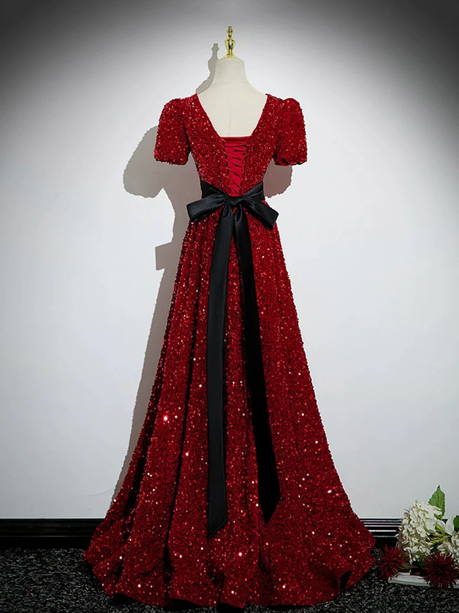 A-Line Burgundy V-Neck Sequins Long Prom Dress Evening Party Dress with Bow