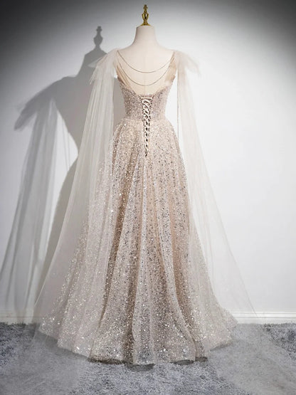 A-Line Sparkling Shine Evening Party Dress Champagne Tulle Sequins Long Prom Dress