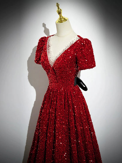A-Line Burgundy V-Neck Sequins Long Prom Dress Evening Party Dress with Bow
