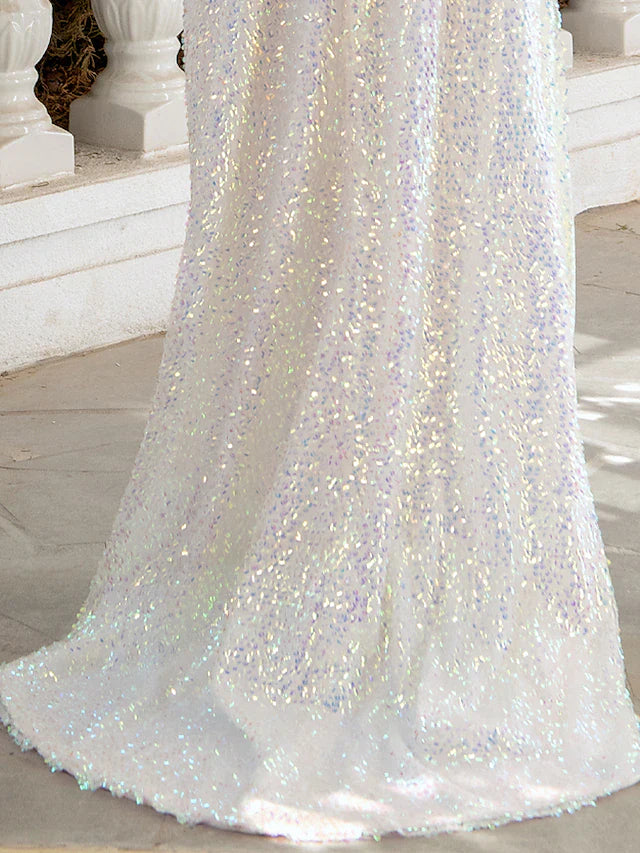 Sheath / Column Evening Gown Sexy Dress Party Wear Sweep / Brush Train Short Sleeve Off Shoulder Sequined with Sequin Slit