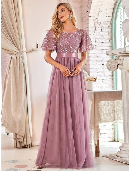 A-Line  Elegant Party Wear Prom Dress Jewel Neck Short Sleeve Floor Length Tulle with Embroidery / Illusion Sleeve
