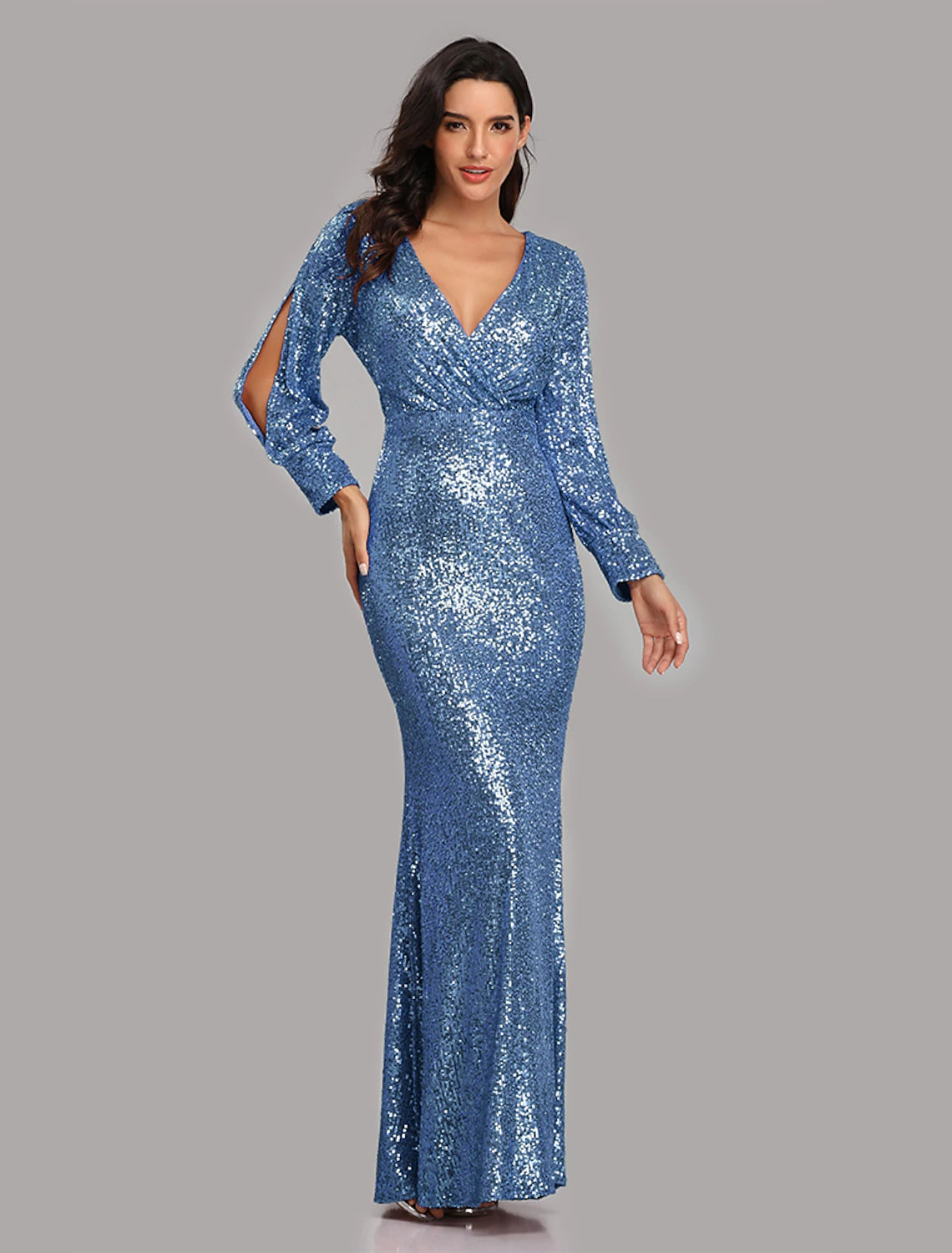 Sheath Mermaid V Neck  Evening Gown Sleek Glitter Sparking Sequins  Floor Length Long Sleeve  Party Dress  Prom Dress