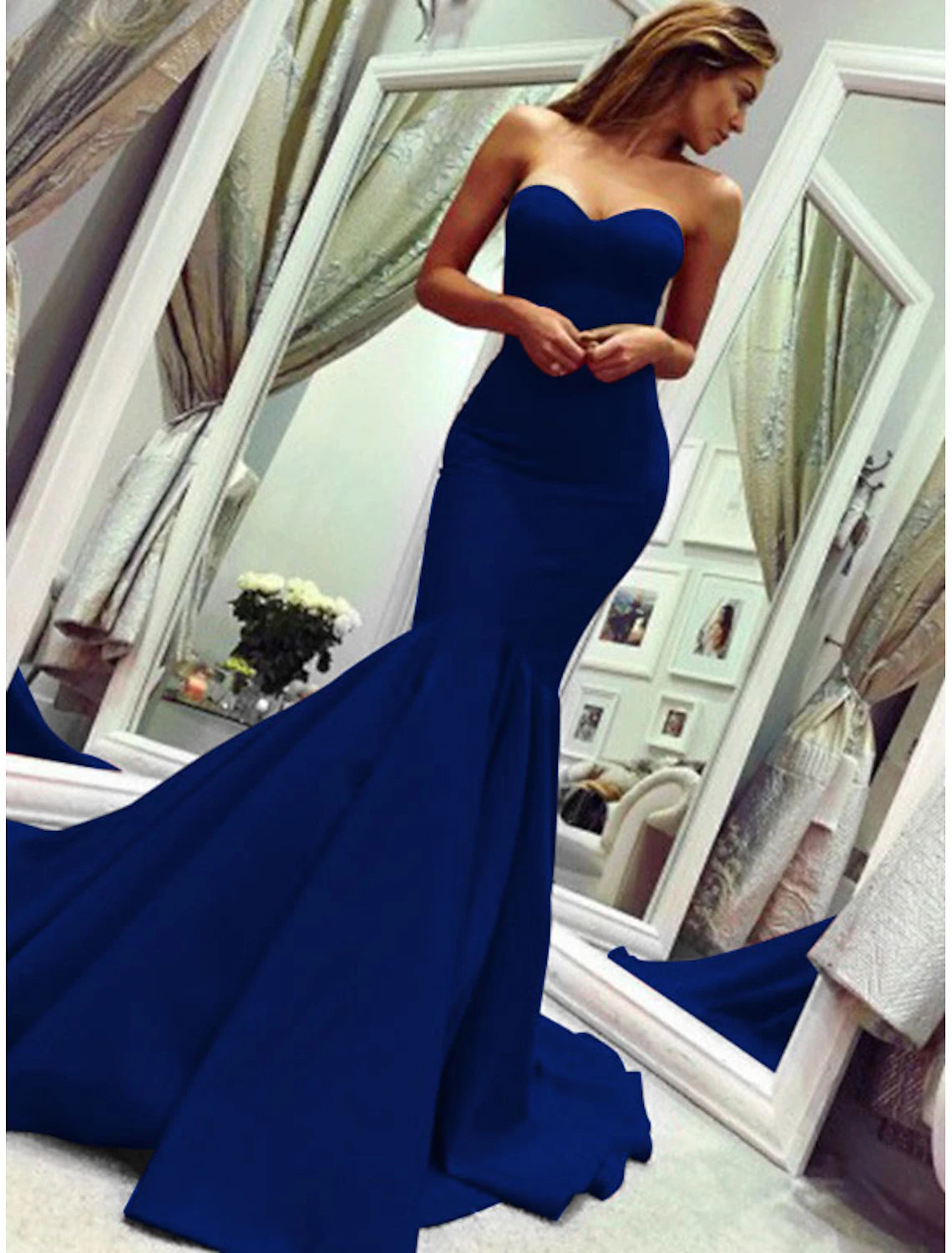 Sheath Mermaid Sleeveless Party Dress Sexy  Dress Strapless  Court Train Stretch Fabric with Pleats