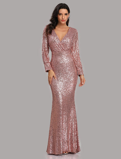 Sheath Mermaid V Neck  Evening Gown Sleek Glitter Sparking Sequins  Floor Length Long Sleeve  Party Dress  Prom Dress