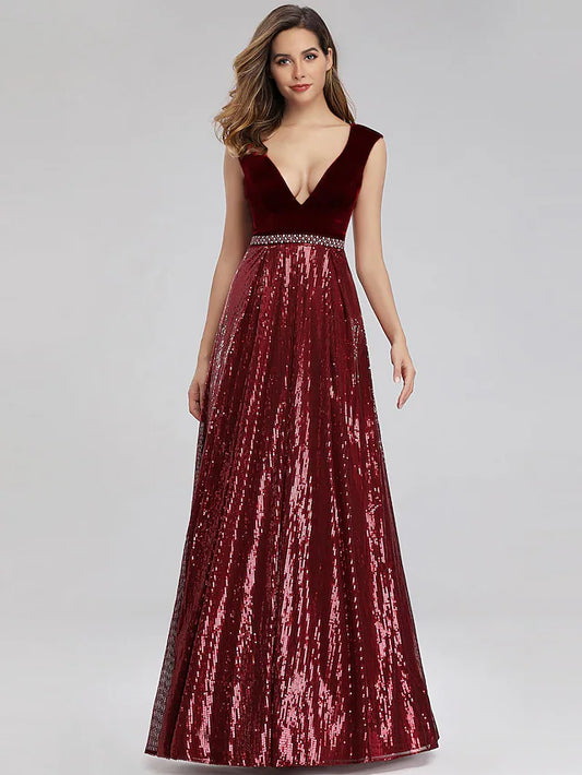 A-Line Prom Dresses Elegant Dress Prom Floor Length Sleeveless Plunging Neck Sequined with Sash / Ribbon Beading