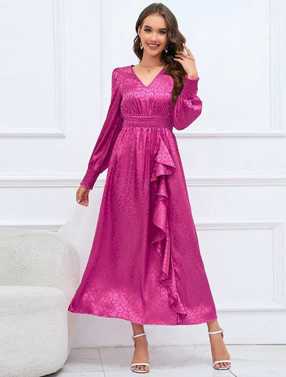 A-Line Party Dresses Elegant Dress Formal Fall Ankle Length Long Sleeve V Neck Satin with Ruffles Print