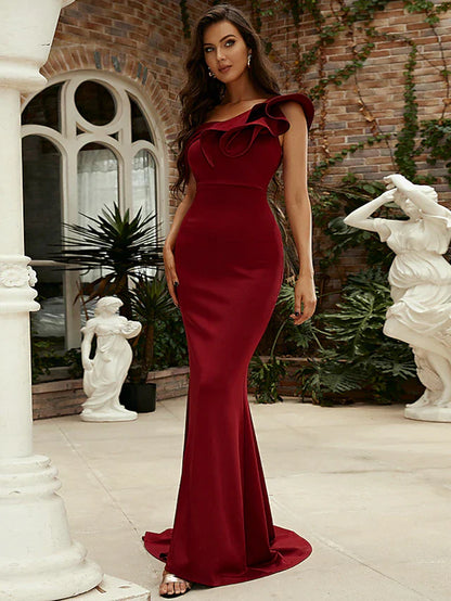 Mermaid / Trumpet Evening Gown Sexy Dress Formal Sweep / Brush Train Sleeveless One Shoulder Polyester with Ruffles