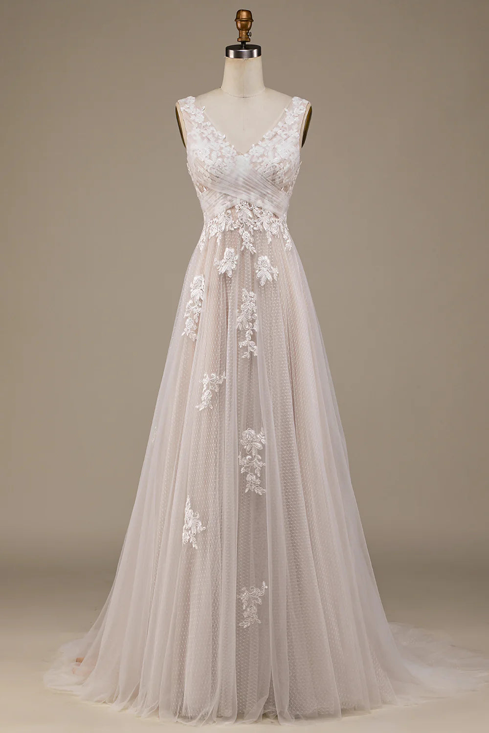 A-Line/Princess Lace Applique V Neck Sleeveless Sweep/Brush Train Criss Cross Wedding Dresses