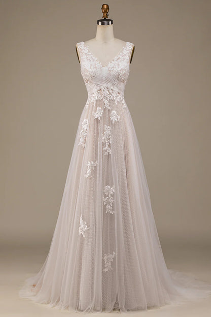 A-Line/Princess Lace Applique V Neck Sleeveless Sweep/Brush Train Criss Cross Wedding Dresses
