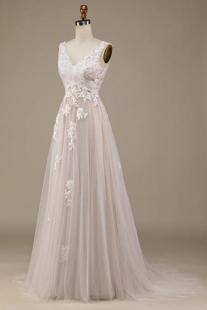 A-Line/Princess Lace Applique V Neck Sleeveless Sweep/Brush Train Criss Cross Wedding Dresses