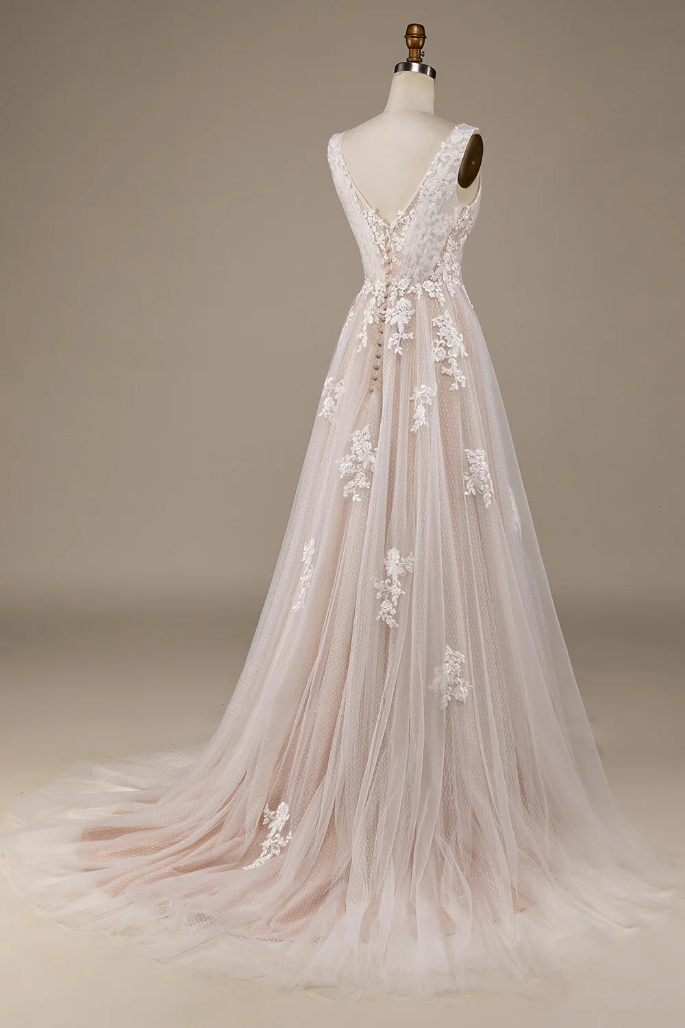 A-Line/Princess Lace Applique V Neck Sleeveless Sweep/Brush Train Criss Cross Wedding Dresses