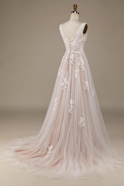 A-Line/Princess Lace Applique V Neck Sleeveless Sweep/Brush Train Criss Cross Wedding Dresses