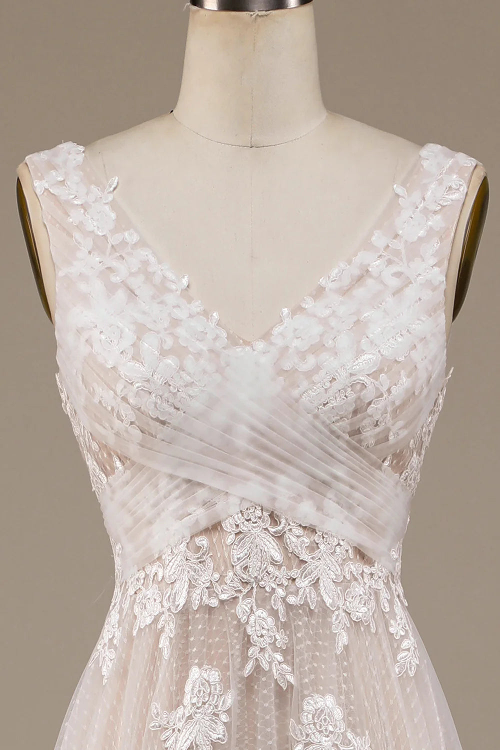 A-Line/Princess Lace Applique V Neck Sleeveless Sweep/Brush Train Criss Cross Wedding Dresses
