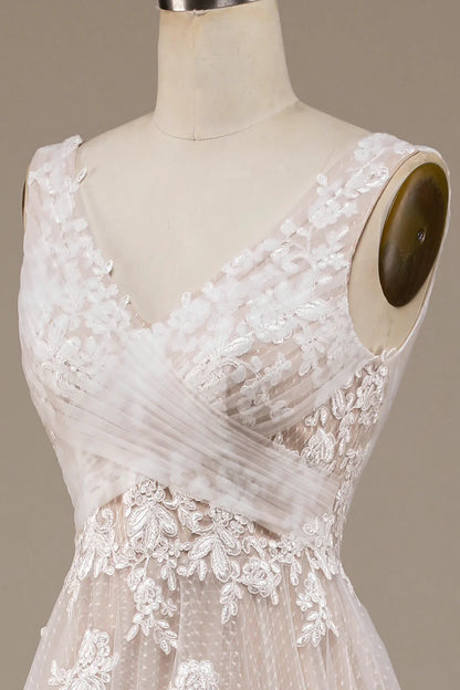 A-Line/Princess Lace Applique V Neck Sleeveless Sweep/Brush Train Criss Cross Wedding Dresses