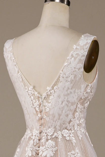 A-Line/Princess Lace Applique V Neck Sleeveless Sweep/Brush Train Criss Cross Wedding Dresses