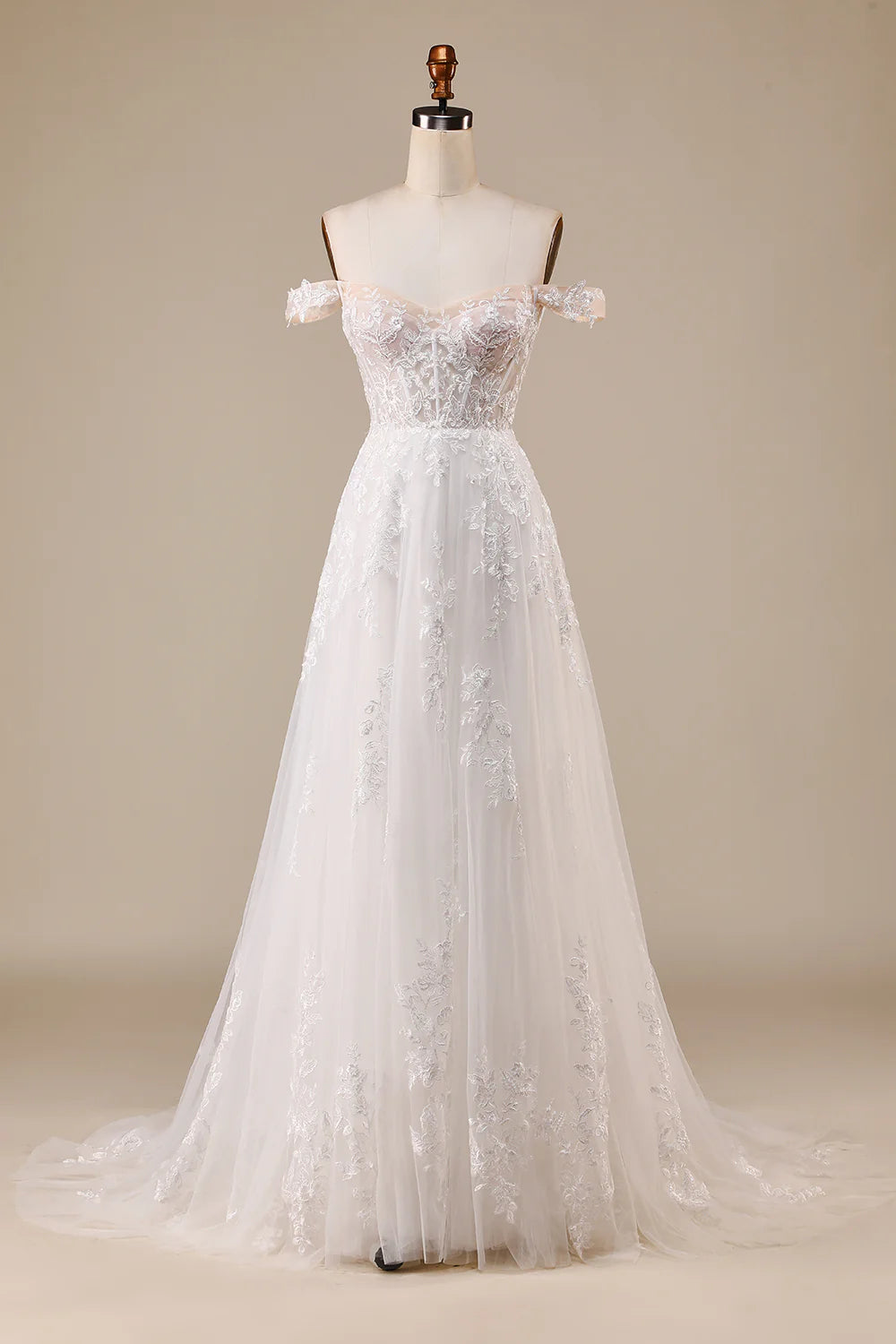 A-Line/Princess Tulle Applique  Off the Shoulder Chapel Train Wedding Dresses Ivory Detachable Corset Tulle Wedding Dress