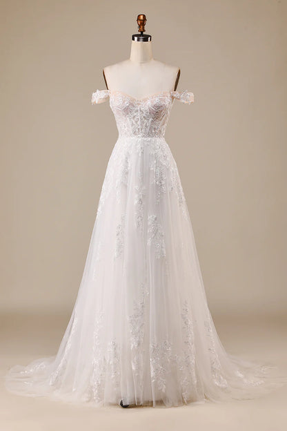 A-Line/Princess Tulle Applique  Off the Shoulder Chapel Train Wedding Dresses Ivory Detachable Corset Tulle Wedding Dress