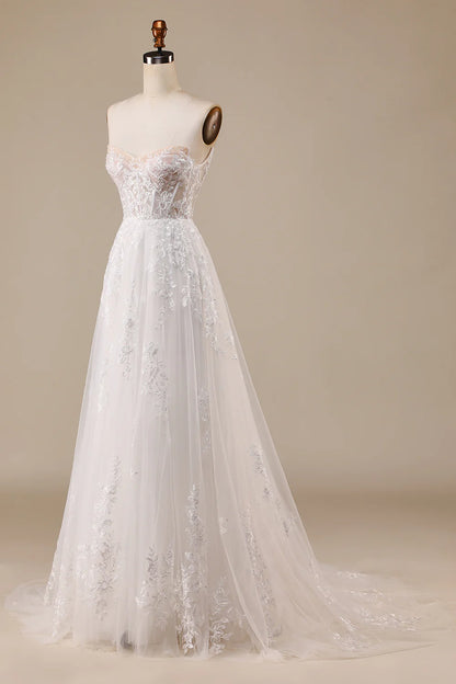 A-Line/Princess Tulle Applique  Off the Shoulder Chapel Train Wedding Dresses Ivory Detachable Corset Tulle Wedding Dress