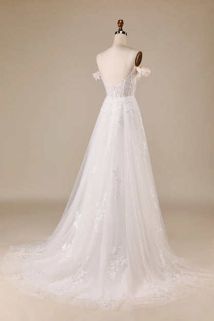 A-Line/Princess Tulle Applique  Off the Shoulder Chapel Train Wedding Dresses Ivory Detachable Corset Tulle Wedding Dress