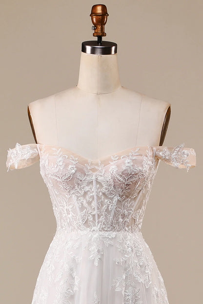 A-Line/Princess Tulle Applique  Off the Shoulder Chapel Train Wedding Dresses Ivory Detachable Corset Tulle Wedding Dress