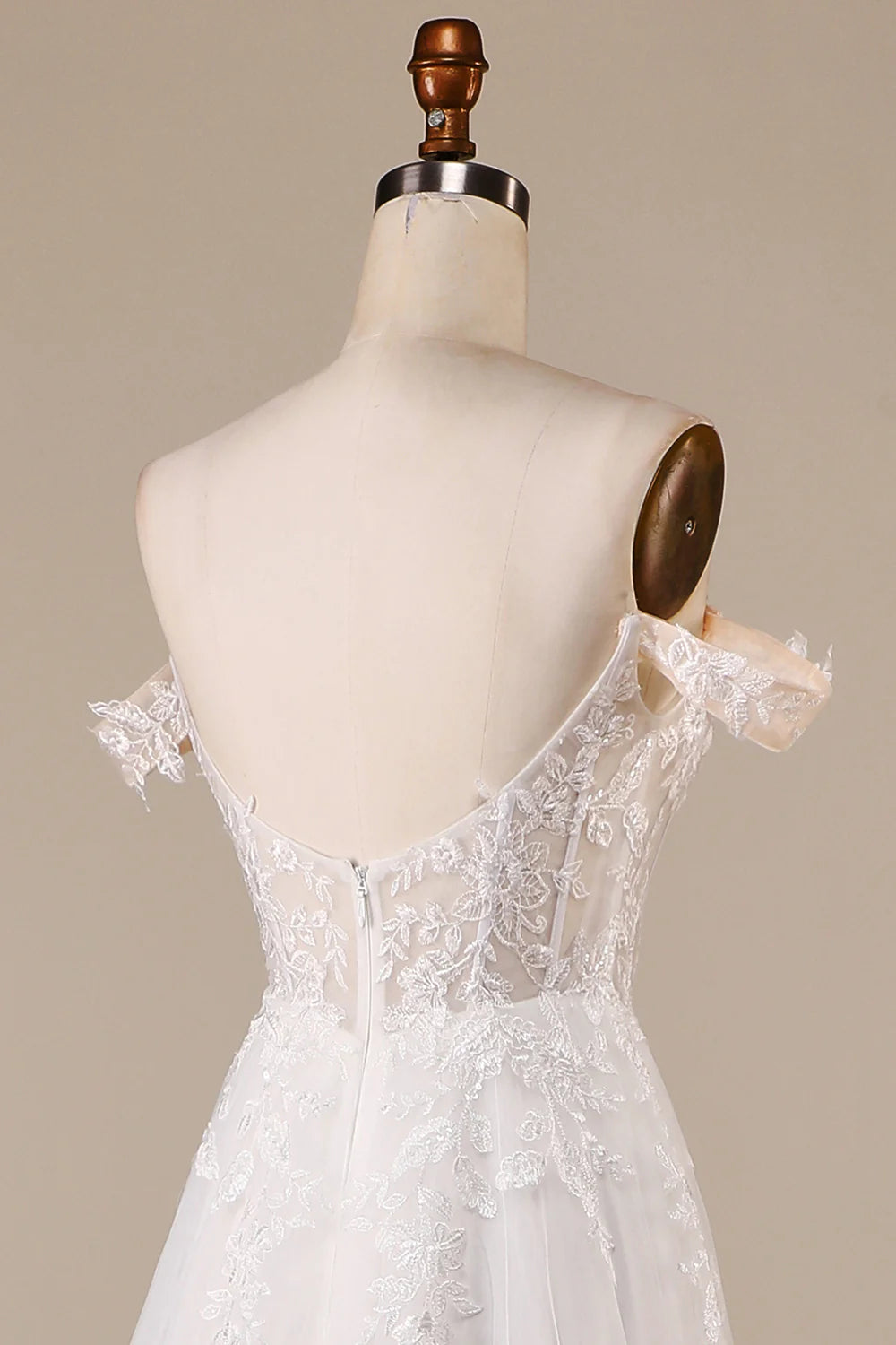 A-Line/Princess Tulle Applique  Off the Shoulder Chapel Train Wedding Dresses Ivory Detachable Corset Tulle Wedding Dress