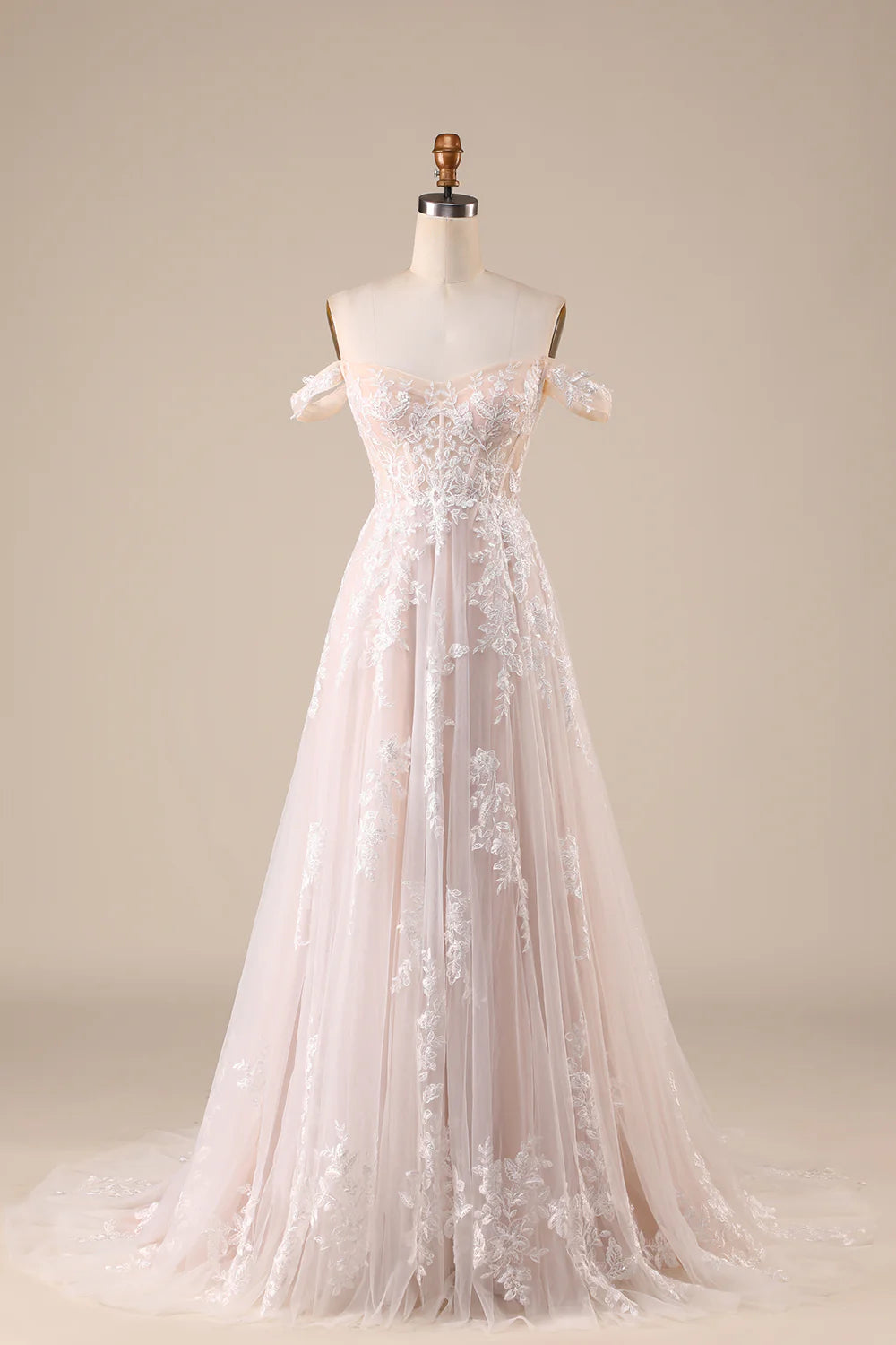 A-Line/Princess Tulle Applique  Off the Shoulder Chapel Train Wedding Dresses Ivory Detachable Corset Tulle Wedding Dress