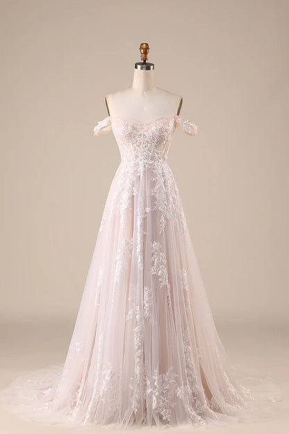 A-Line/Princess Tulle Applique  Off the Shoulder Chapel Train Wedding Dresses Ivory Detachable Corset Tulle Wedding Dress