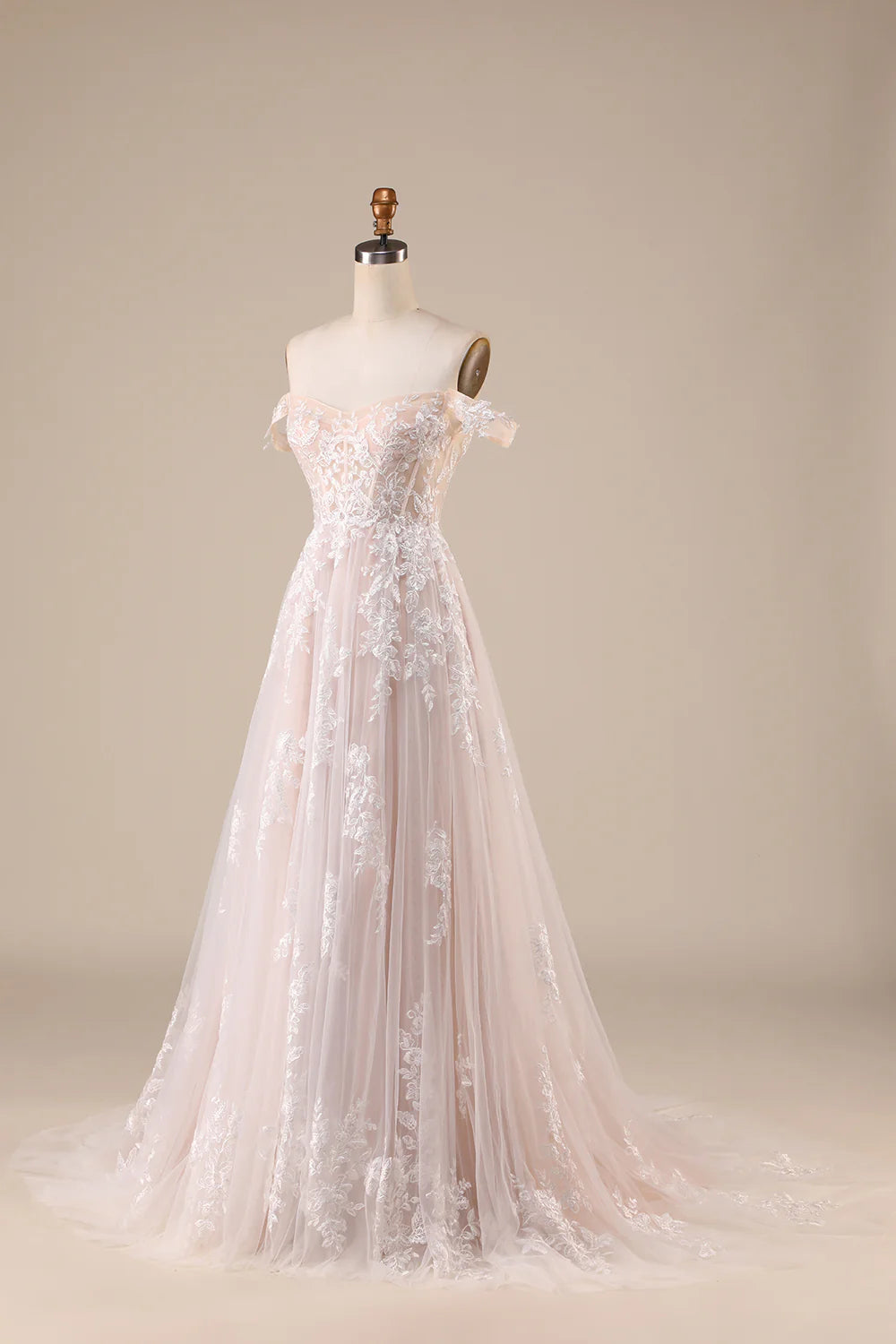 A-Line/Princess Tulle Applique  Off the Shoulder Chapel Train Wedding Dresses Ivory Detachable Corset Tulle Wedding Dress