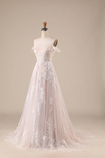 A-Line/Princess Tulle Applique  Off the Shoulder Chapel Train Wedding Dresses Ivory Detachable Corset Tulle Wedding Dress
