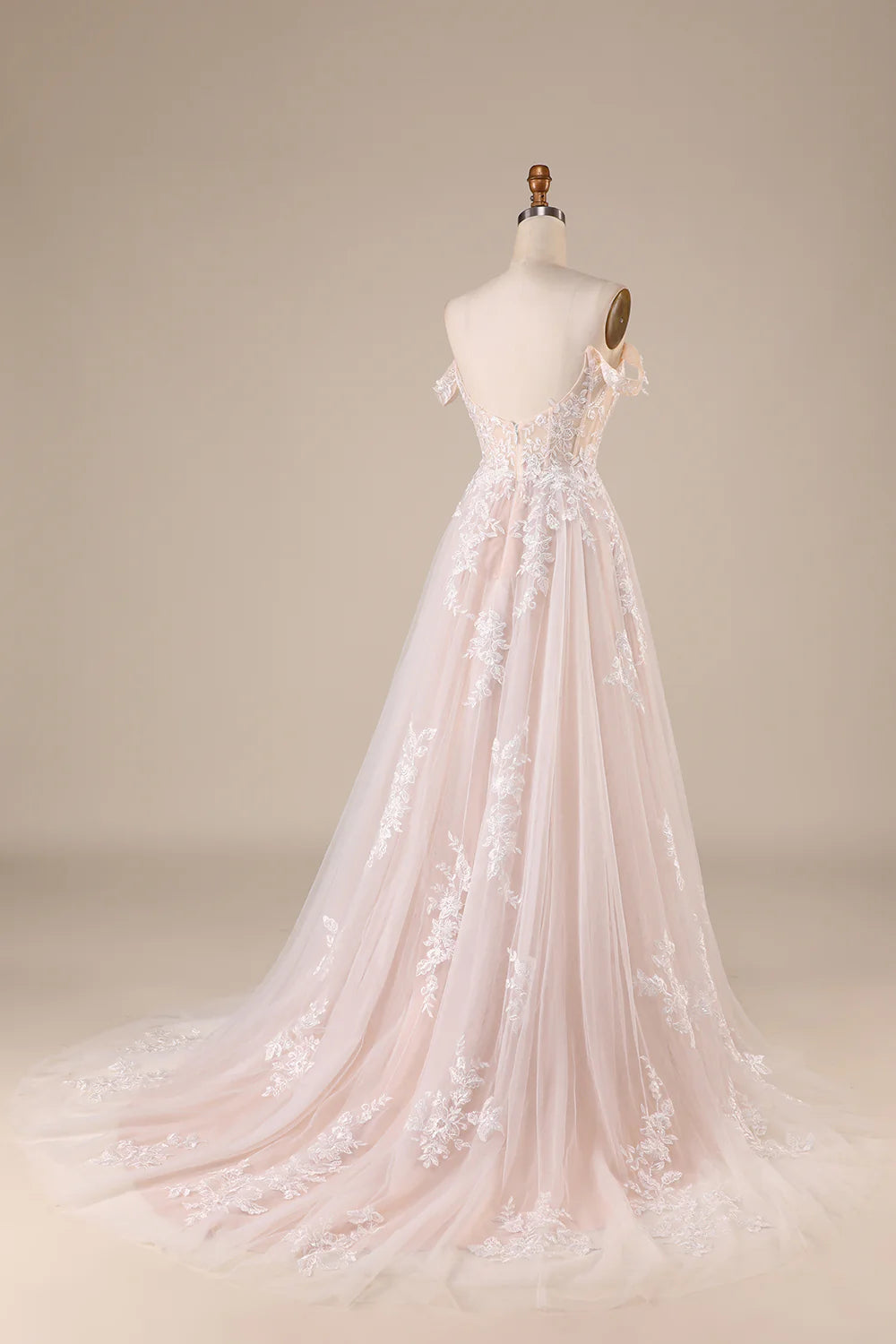 A-Line/Princess Tulle Applique  Off the Shoulder Chapel Train Wedding Dresses Ivory Detachable Corset Tulle Wedding Dress