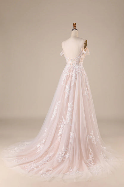 A-Line/Princess Tulle Applique  Off the Shoulder Chapel Train Wedding Dresses Ivory Detachable Corset Tulle Wedding Dress