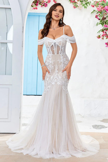 Mermaid Spaghetti Straps Cold Shoulder Tulle Corset Wedding Dress with Appliques