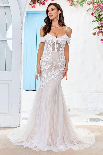 Mermaid Spaghetti Straps Cold Shoulder Tulle Corset Wedding Dress with Appliques