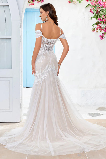 Mermaid Spaghetti Straps Cold Shoulder Tulle Corset Wedding Dress with Appliques