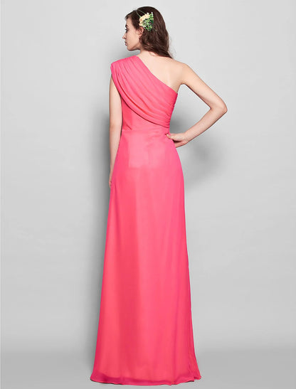 Sheath / Column Bridesmaid Dress One Shoulder Sleeveless Elegant Floor Length Chiffon with Side DrapingSheath / Column Bridesmaid Dress One Shoulder Sleeveless Elegant Floor Length Chiffon with Side Draping