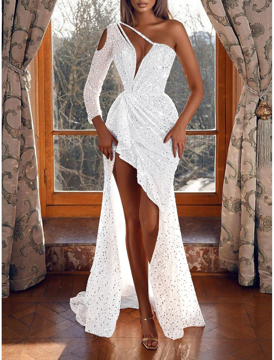 Sheath Trumpet Sleek Glitter Sparking Formal Evening Sweep / Brush Train  Long Sleeve One Shoulder Prom Dresses with Sequins